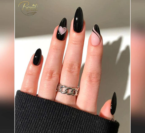 Glossy black and pink manicure with heart details